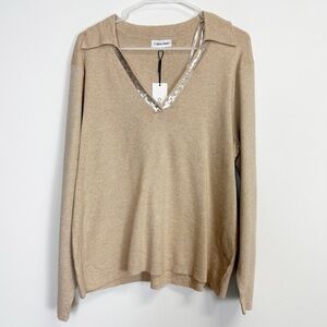 Calvin Klein Sweater Womens XL Tan VNeck Polo Collared Sequin Trim NWT
